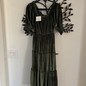 NEW- Elegant Velvet Green Smocked Dress